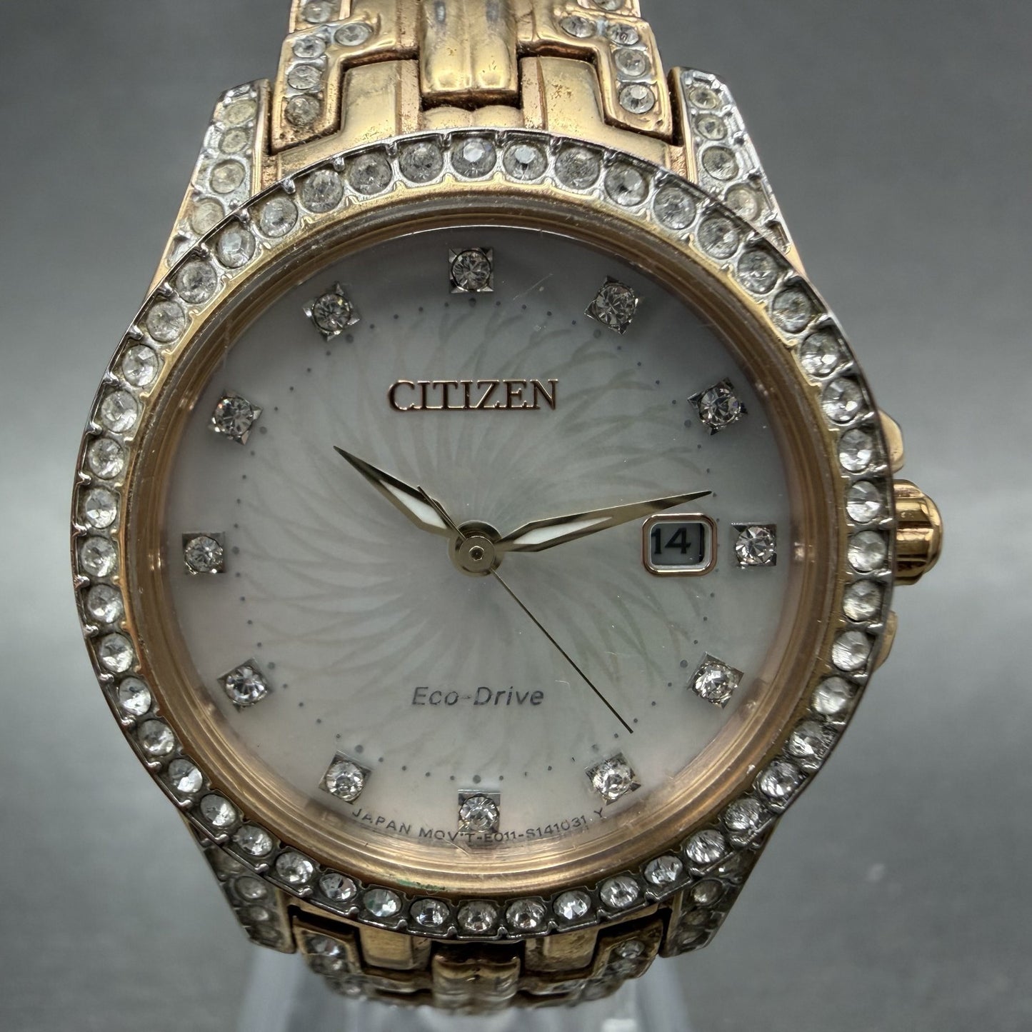 Citizen EcoDrive Watch Women 28mm MOP Dial Rose Gold Tone Crystal Bezel Runs1