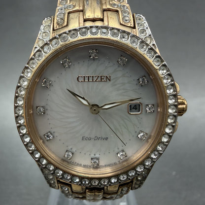 Citizen EcoDrive Watch Women 28mm MOP Dial Rose Gold Tone Crystal Bezel Runs1