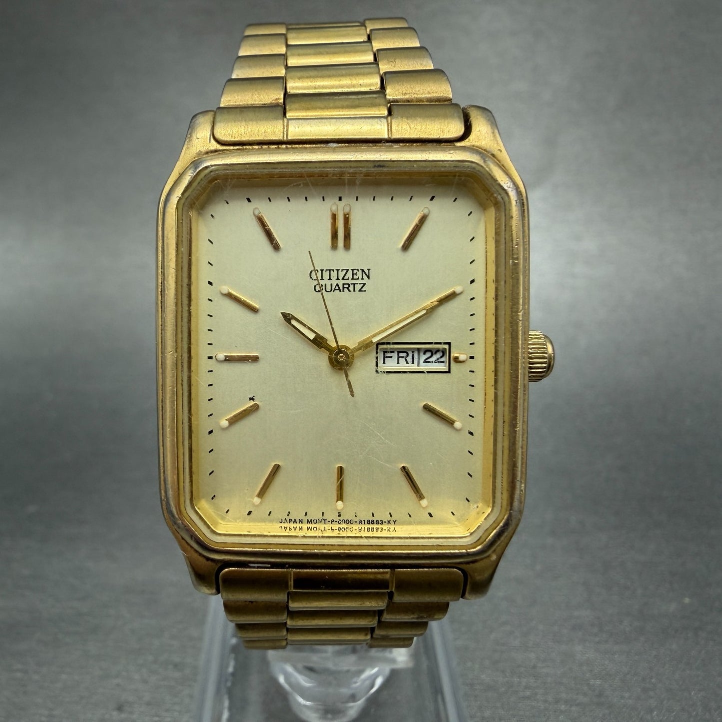 Citizen Tank Watch Men 28mm Champagne Dial Gold Tone Daydate 6000-T25249 New Bat0