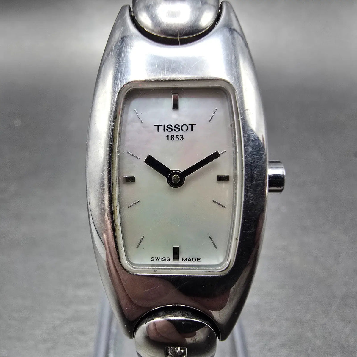 Tissot Tank Watch Women 17mm MOP Dial Stainless Steel Diamond Bangle New Battery0