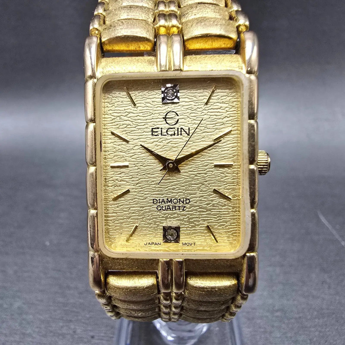 Elgin Tank Watch Men 23mm Champagne Dial Gold Rectangle Diamond Quartz New batt0