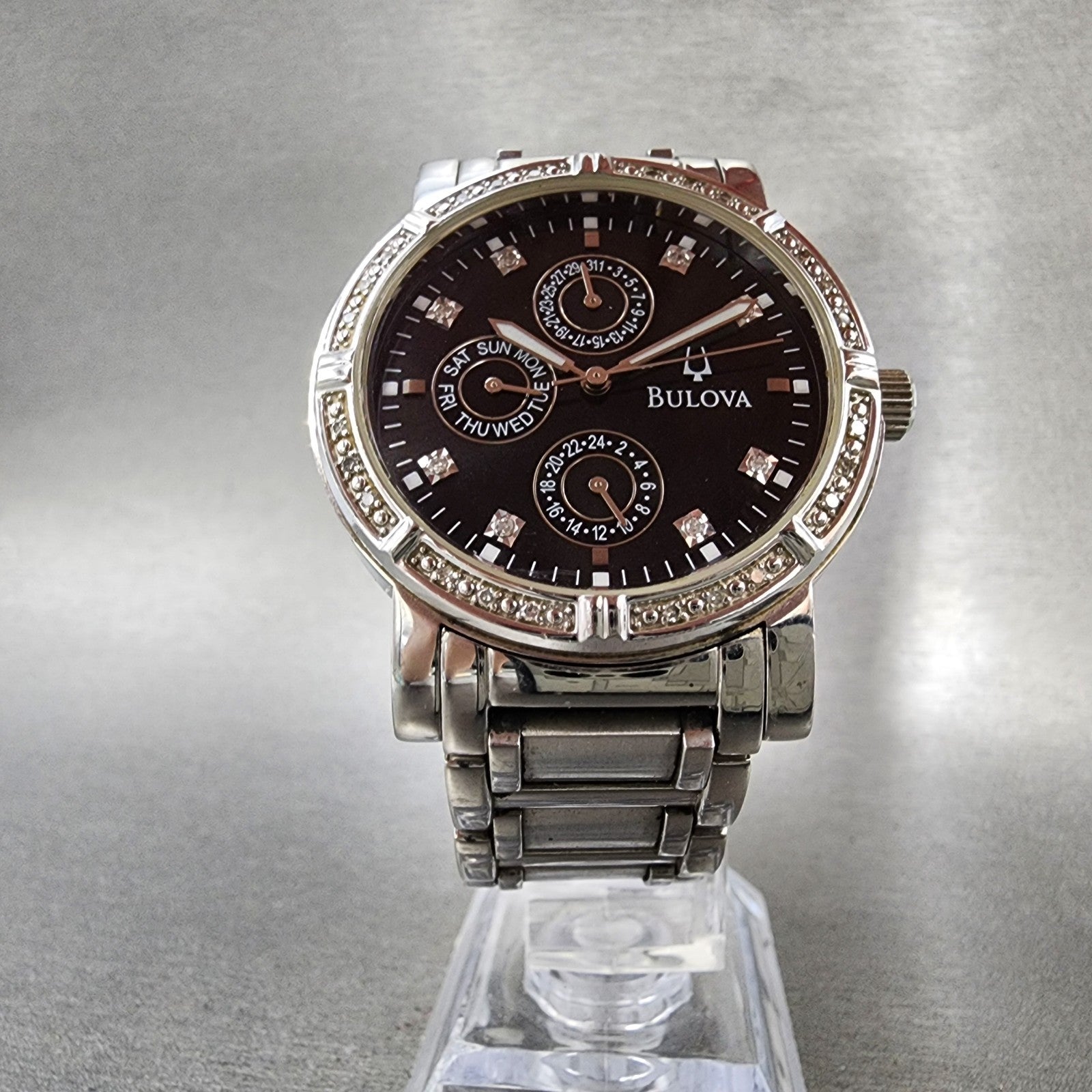 Bulova Watch Men 39mm Black Dial Silver Tone Daydate Round Diamonds 96E04 NewBat5