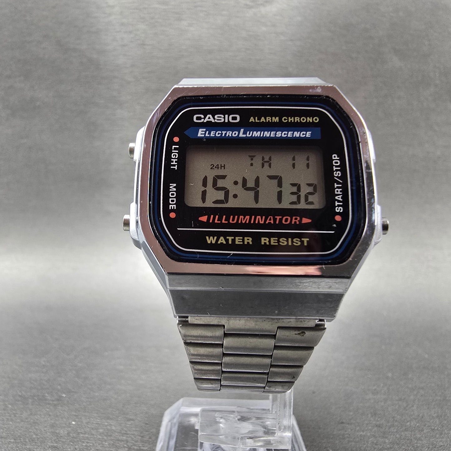 Casio A168 Illuminator Watch Men 36mm Digital Silver Tone Alarm Chrono New BattV5