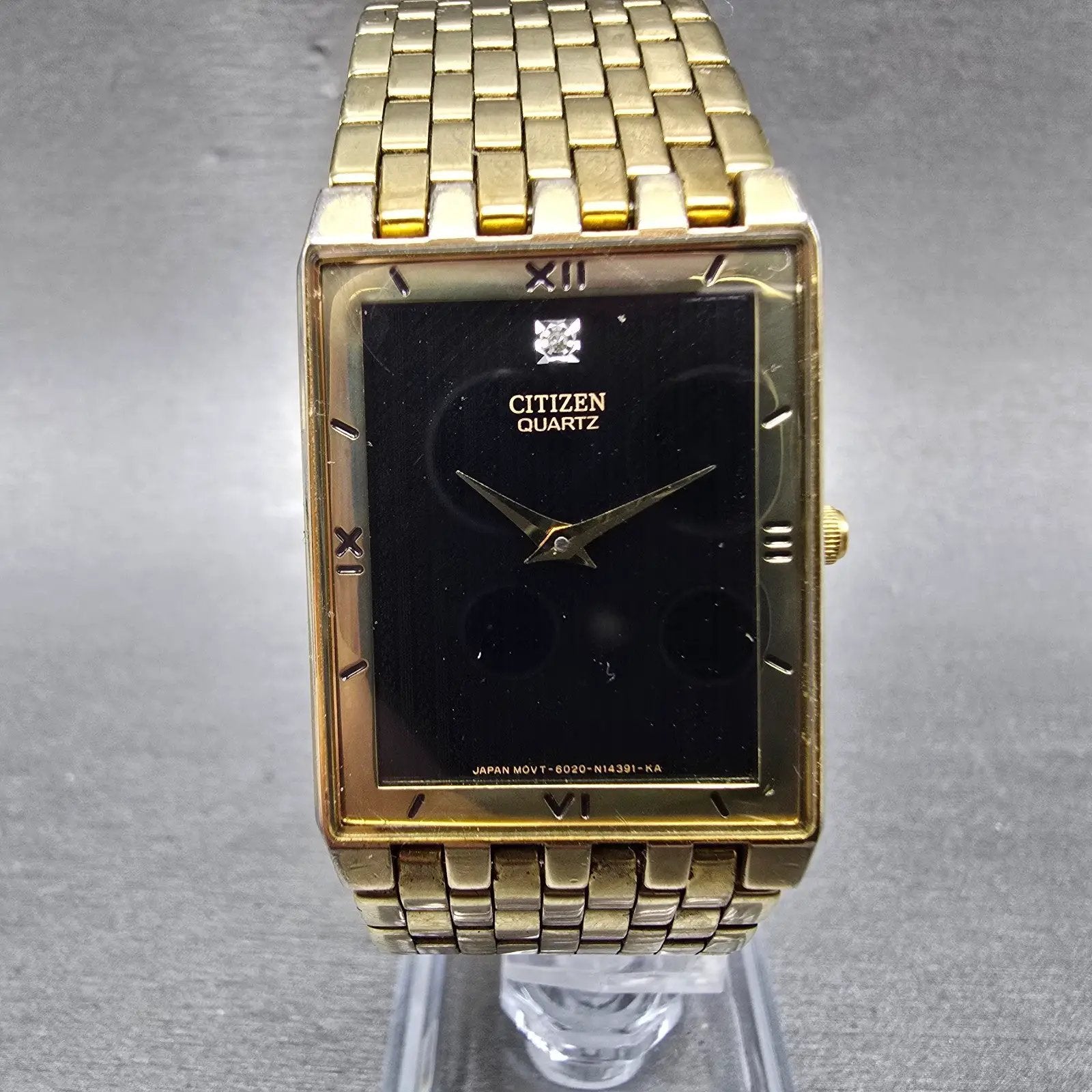 Citizen Tank Watch Men 25mm Black Dial Gold Tone 6020-S36530 New Battery Diamond0