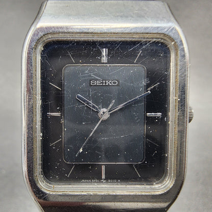 VTG Seiko Tank Watch Women 25mm Black Dial Silver Tone Rectangle 5P31-5020 PARTS
