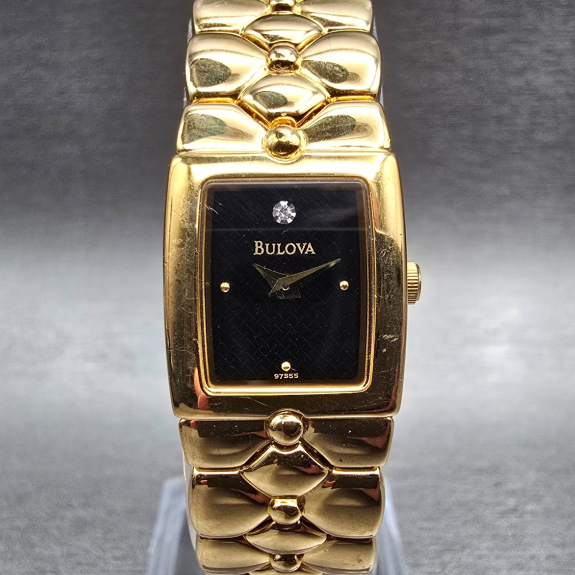 Bulova Tank Watch Women 16mm Black Dial Gold Tone Rectangle 97S55 New Battery0