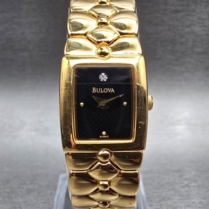 Bulova Tank Watch Women 16mm Black Dial Gold Tone Rectangle 97S55 New Battery0