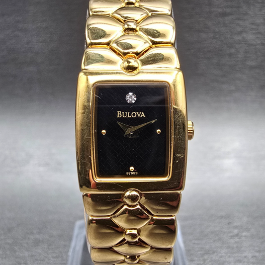 Bulova Tank Watch Women 16mm Black Dial Gold Tone Rectangle 97S55 New Battery0