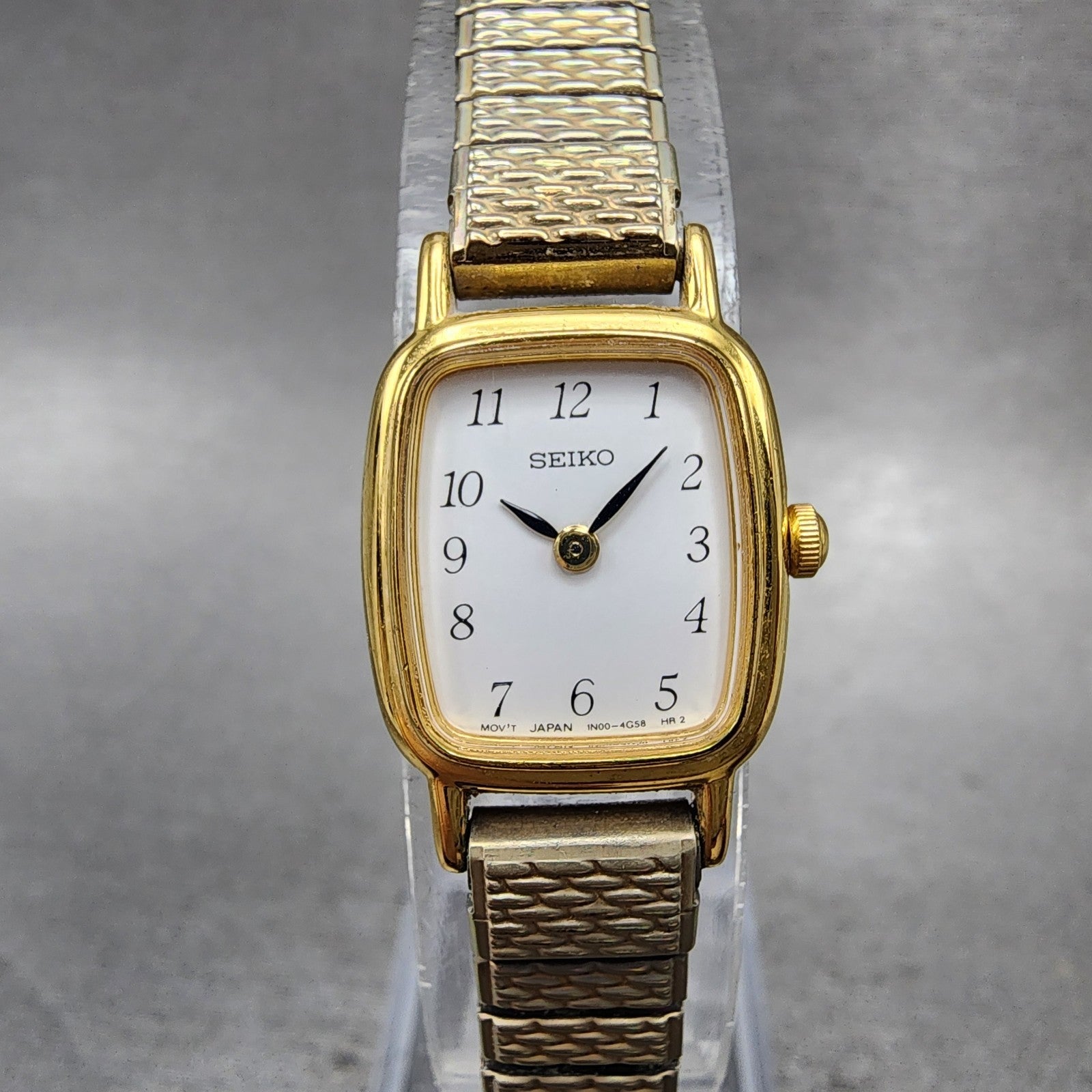 Seiko Watch Women 18mm White Dial Gold Tone Rectangle 1N005K29 New Battery0