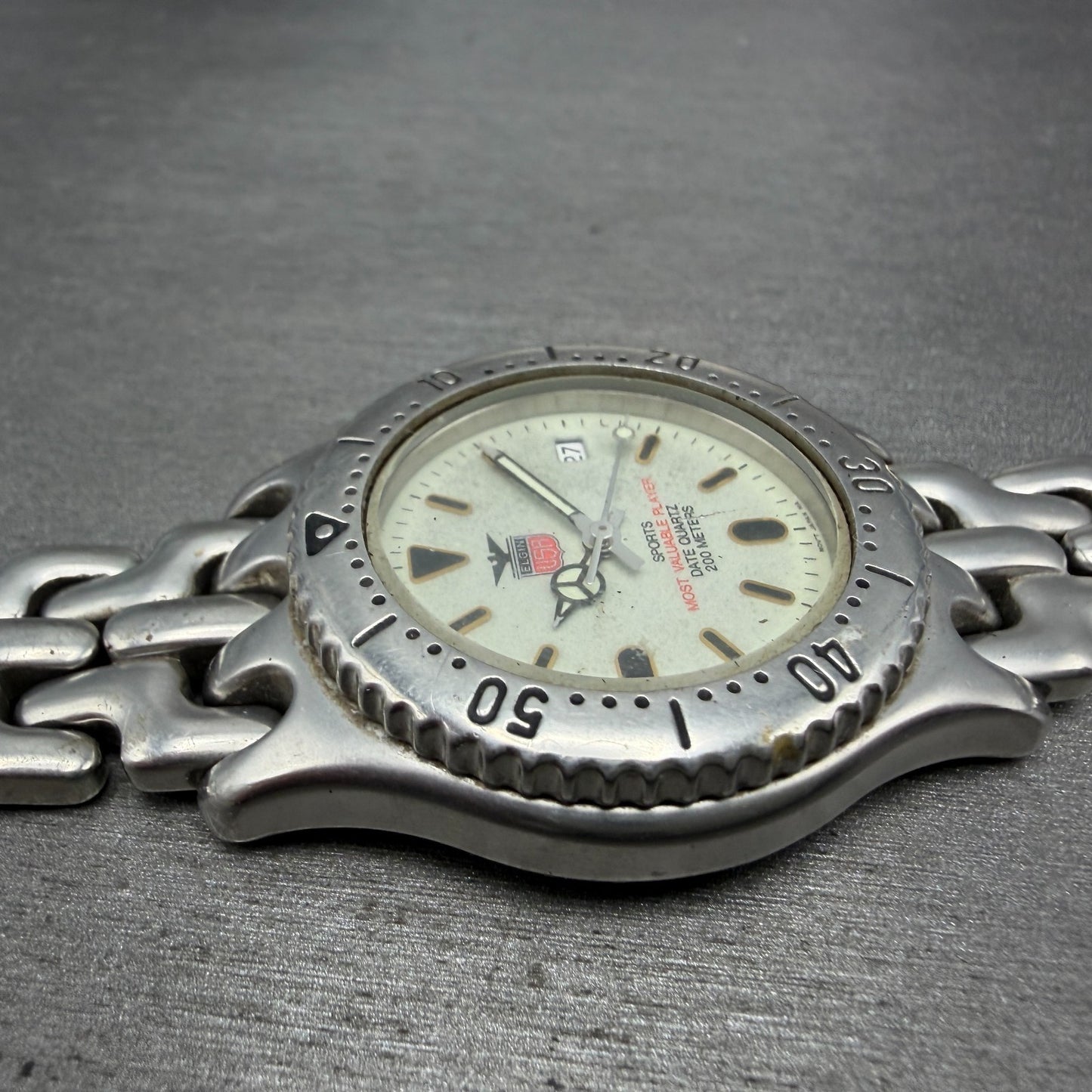 Elgin Dive Watch Men 37mm Gray Dial Silver Tone Date Round FK-592 New Battery5