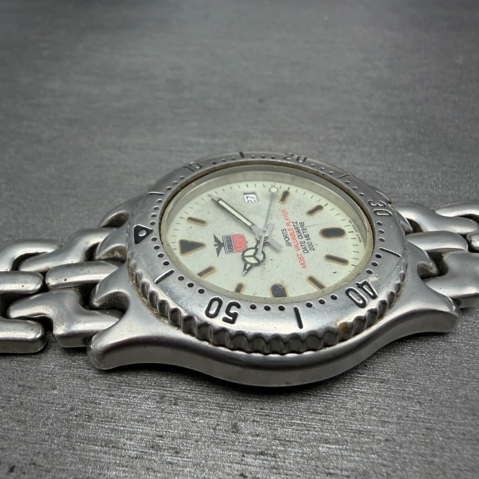 Elgin Dive Watch Men 37mm Gray Dial Silver Tone Date Round FK-592 New Battery5