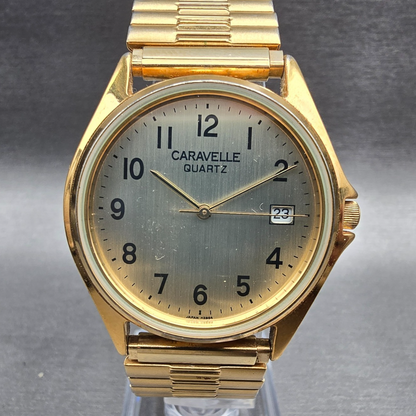 Bulova Caravelle Watch Men 34mm Gold Dial Gold Tone Date 42B54 New Battery0
