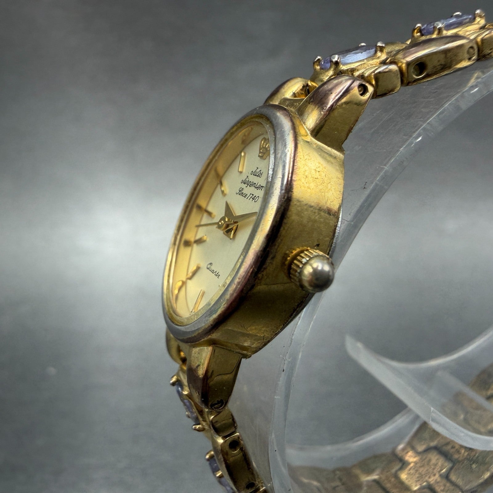 Jules Jurgenson Watch Women 17mm Champagne Dial Gold Oval Blue Gems New Battery2