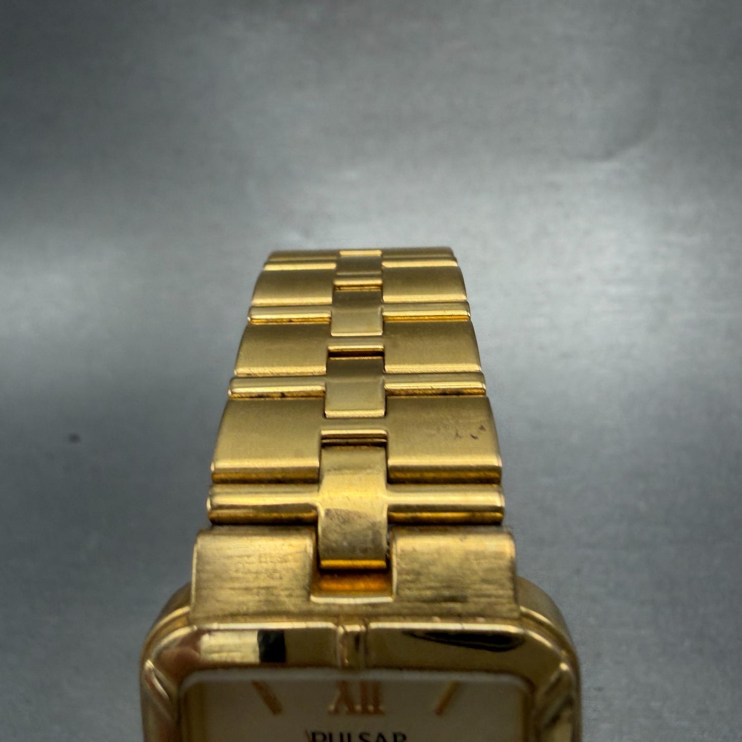 Pulsar Tank Watch Men 26mm Champagne Dial Gold Tone Date Rectangle New Battery 34
