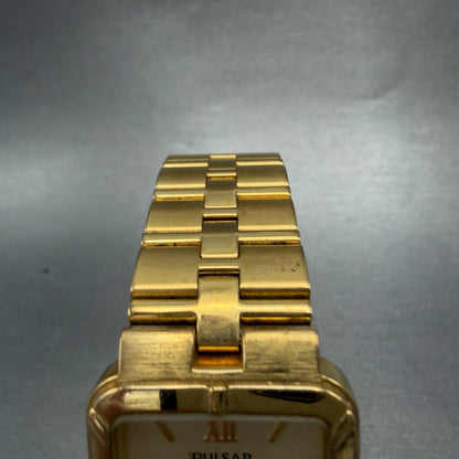 Pulsar Tank Watch Men 26mm Champagne Dial Gold Tone Date Rectangle New Battery 34