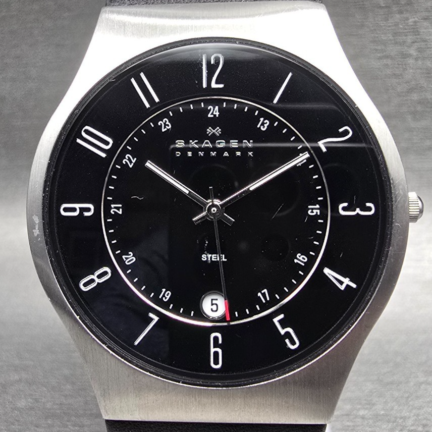 Skagen Grenen Watch Men 37mm Black Dial Silver Date Round 233XXLSLB New Battery1