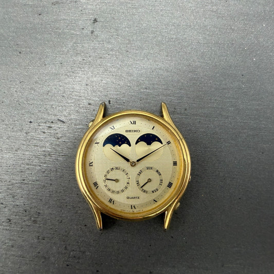 Seiko Moonphase Watch Men 36mm Champagne Dial Gold Tone Daydate 7F18-9A00 PARTS0