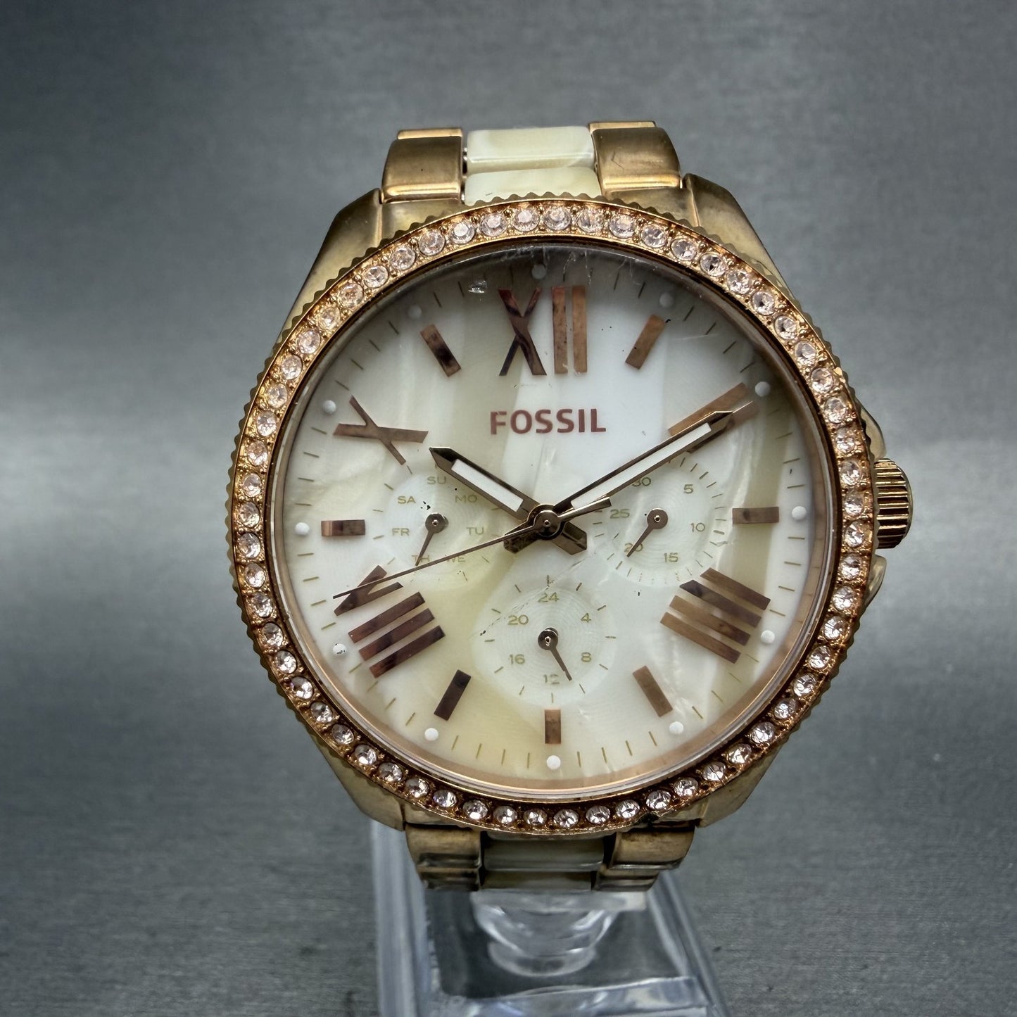Fossil Cecile Watch Women 41mm White Dial Rose Gold Tone Daydate Round New Batt0