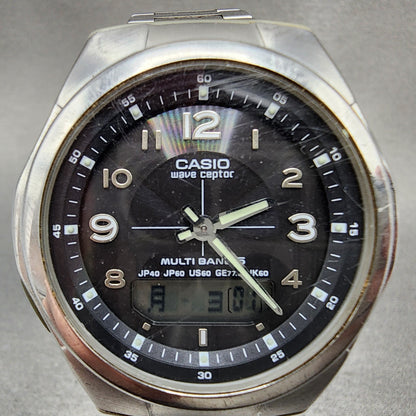 Casio Wave Ceptor Watch Men 41mm Black Dial Silver Tone Analog Digital Solar Run1