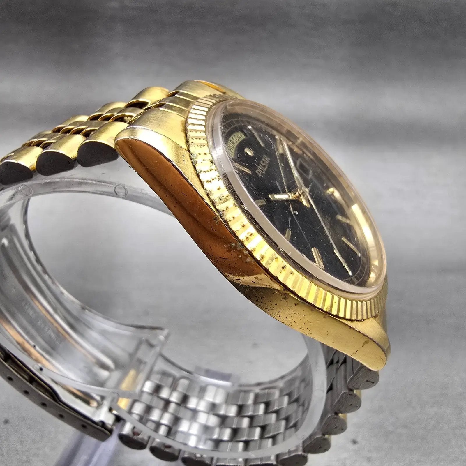 Seiko Pulsar President Watch Men 35mm Black Dial Gold Tone Daydate New Battery3
