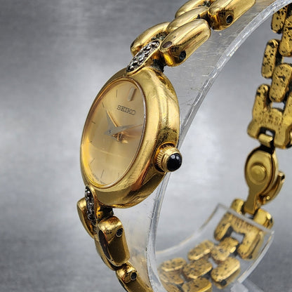 Seiko Watch Women 20mm Gold Dial Gold Tone Diamond Round 1N001C99 New Batt VTG2