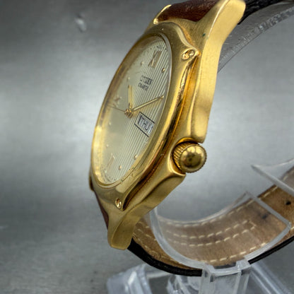 Citizen Watch Men 37mm Champagne Dial Gold Tone Daydate Round New Battery ABC2