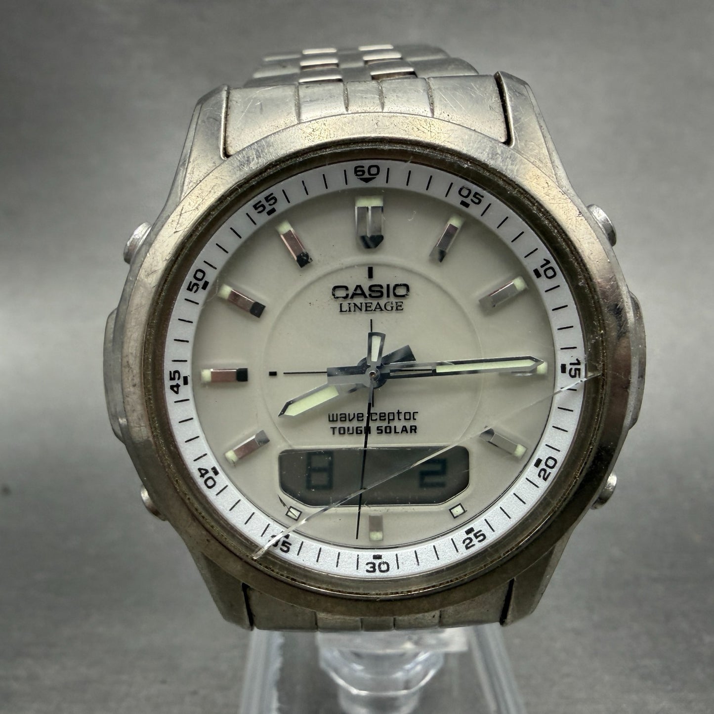 Casio Lineage Watch Men 41mm White Dial Titanium Ana Digi Alarm Chrono Works0