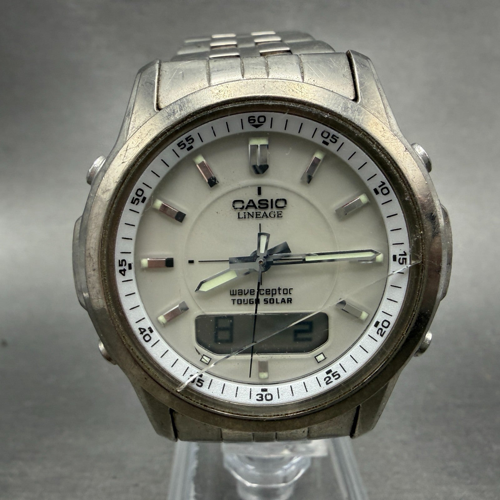 Casio Lineage Watch Men 41mm White Dial Titanium Ana Digi Alarm Chrono Works0