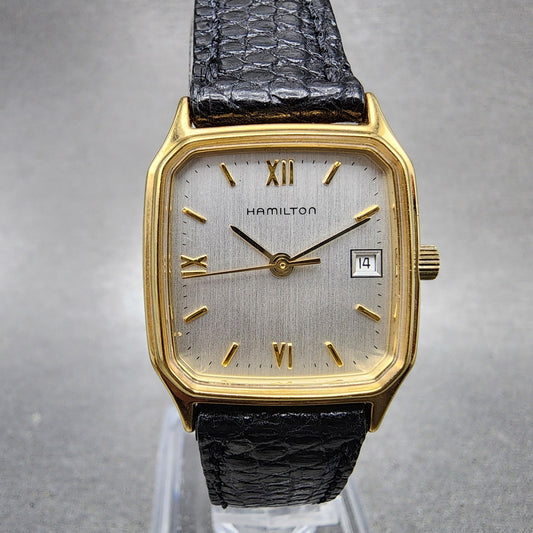 Hamilton Tank Watch Women 22mm Silver Dial Gold Tone Date Rectangle New Battery0