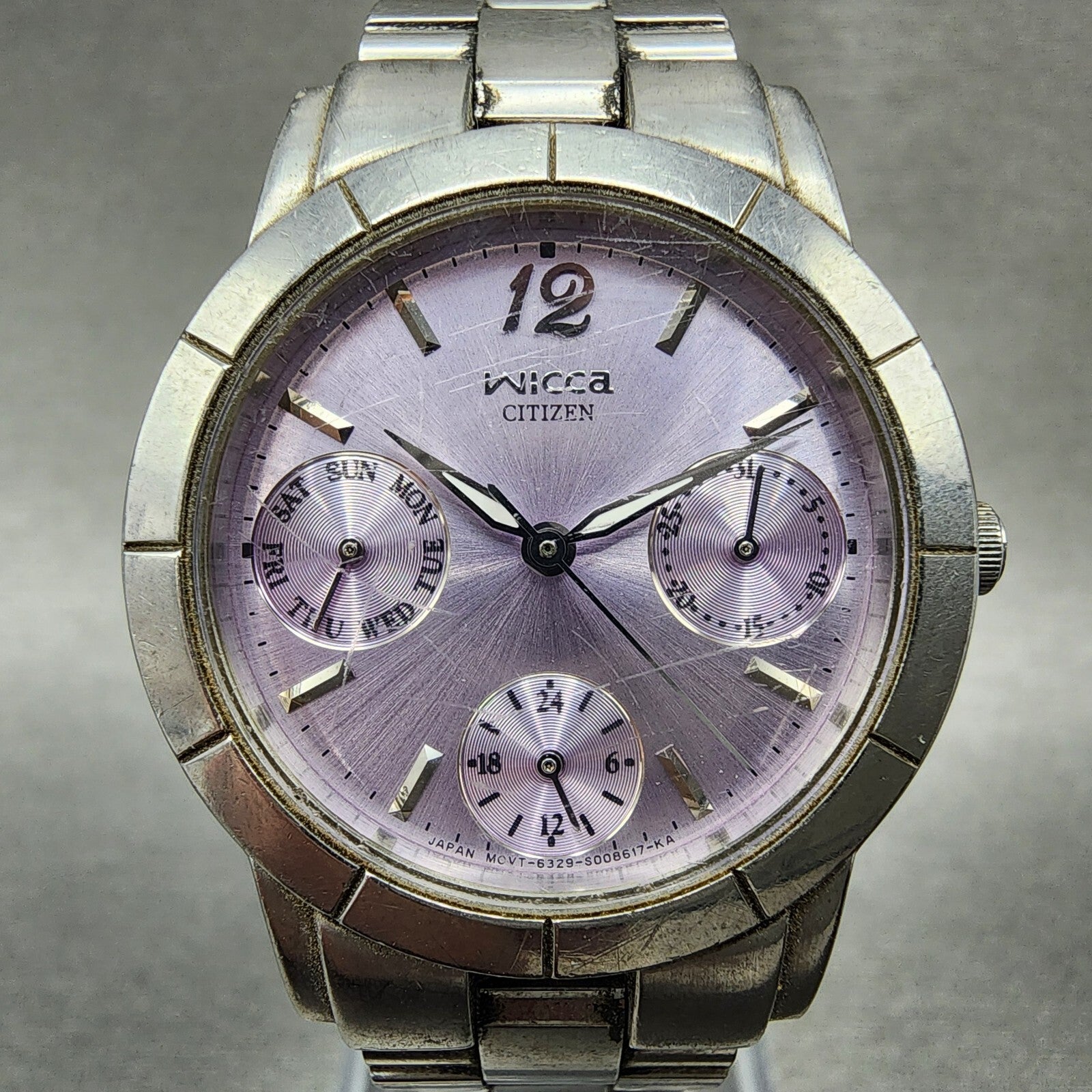 Citizen Wicca Watch Women 30mm Purple Dial Silver Tone Daydate Round New Batt1