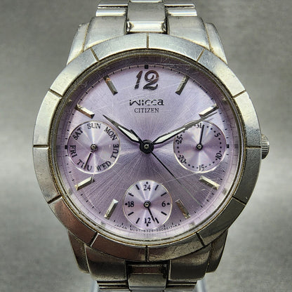 Citizen Wicca Watch Women 30mm Purple Dial Silver Tone Daydate Round New Batt1