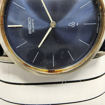 VTG Seiko Watch Men 32mm Blue Dial Steel Blue Leather Round 43-0240 New Battery