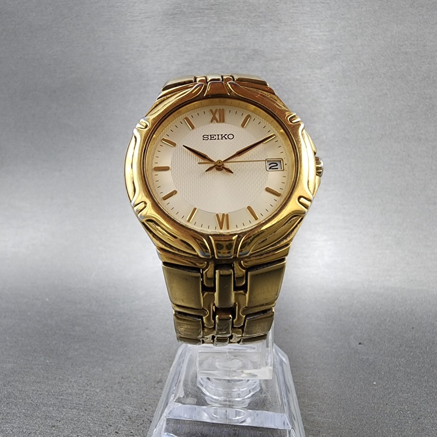 Seiko Watch Men 37mm White Dial Gold Date Round 7N420BD0 New Battery5