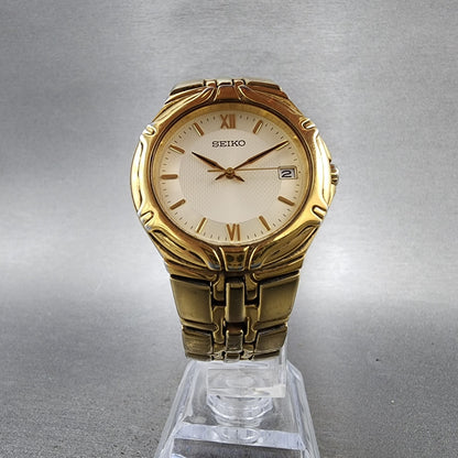 Seiko Watch Men 37mm White Dial Gold Date Round 7N420BD0 New Battery5