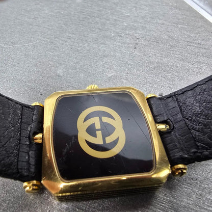 Gucci Tank Watch Men 25mm Black Dial Gold Tone Square PARTS Vintage Swiss10