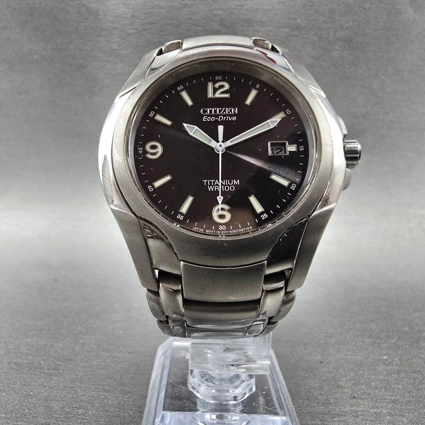 Citizen Eco-Drive Watch Men 41mm Black Dial Titanium Date E111-K006368 Runs5