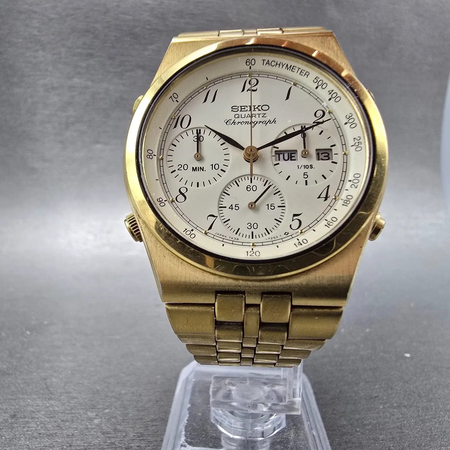 Seiko Chronograph Watch Men 38mm Cream Dial Gold Tone Daydate READ!! New Battery5