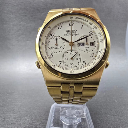 Seiko Chronograph Watch Men 38mm Cream Dial Gold Tone Daydate READ!! New Battery5