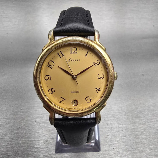 Seiko Avenue Watch Men 31mm Gold Dial Gold Tone Date Round 5H22-6150 New Battery0