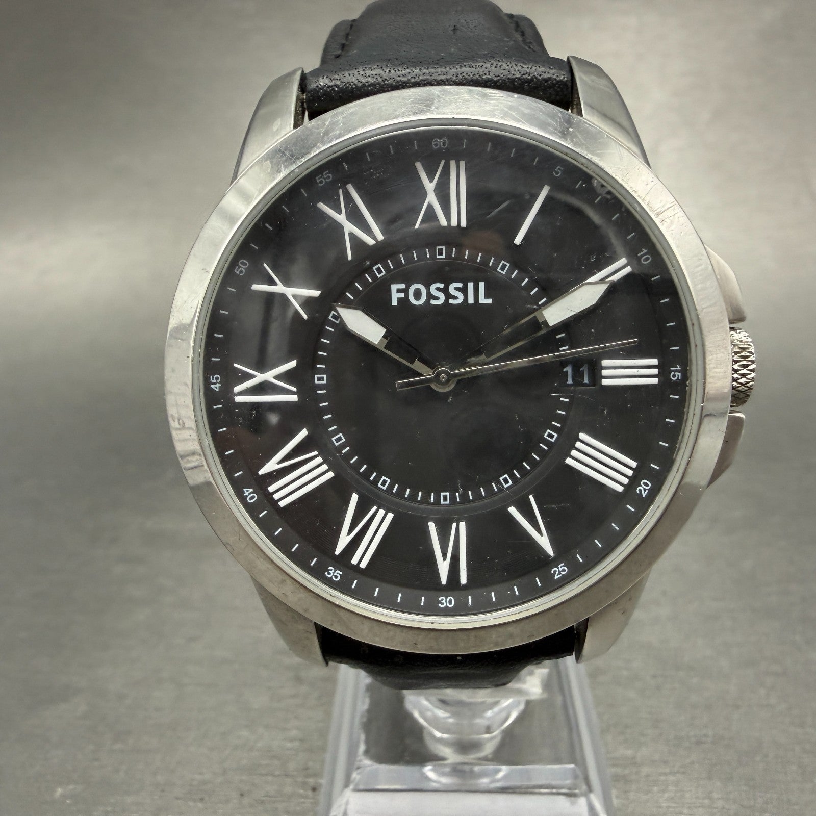 Fossil Grant Watch Men 44mm Black Dial Steel Date Round FS4745 New Battery0