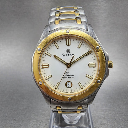 Cyma Oceana Watch Men 36mm White Dial Two Tone Date New Battery