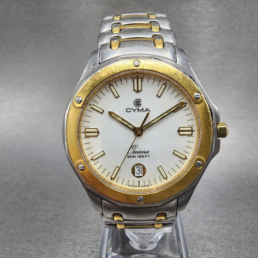 Cyma Oceana Watch Men 36mm White Dial Two Tone Date New Battery