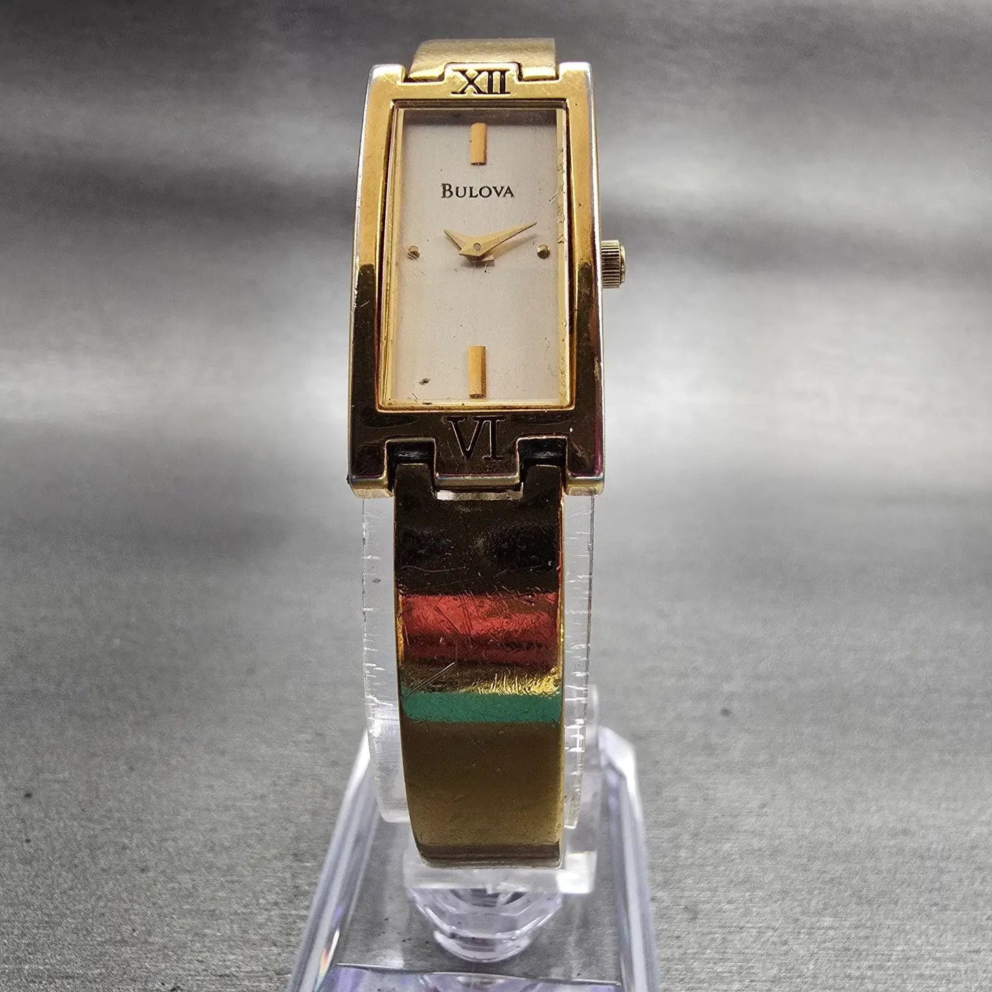 Bulova Watch Women 15mm Champagne Dial Gold Tone Rectangle New Battery 97T465