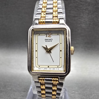 Seiko Tank Watch Women 17mm White Dial Two Tone Rectangle V401-5129 New Battery0