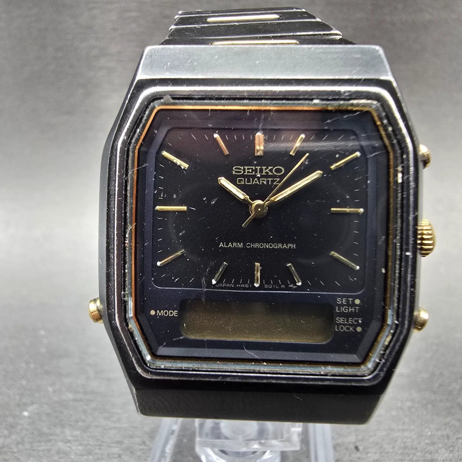 Seiko Analog Digital Watch Men 32mm Black Gold Alarm Chrono H461-5030 PARTS0