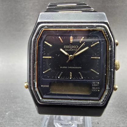 Seiko Analog Digital Watch Men 32mm Black Gold Alarm Chrono H461-5030 PARTS0