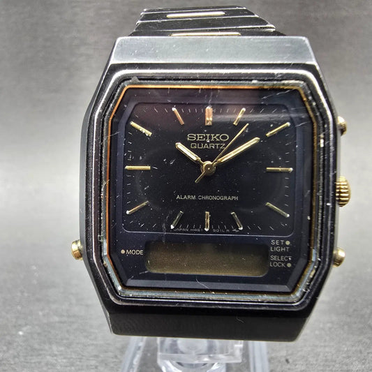 Seiko Analog Digital Watch Men 32mm Black Gold Alarm Chrono H461-5030 PARTS0