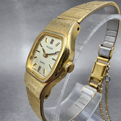Seiko Pulsar Watch Women 16mm Champagne Dial Gold Tone Rectangle New Battery2