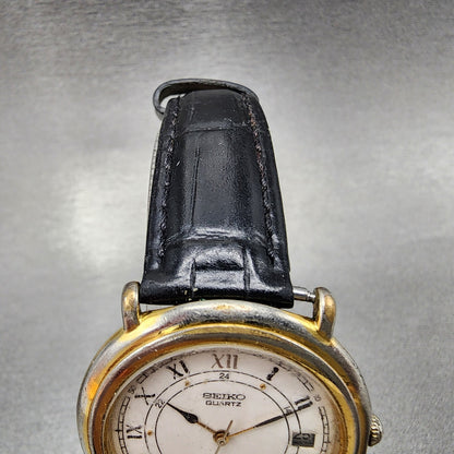 Seiko Watch Men 33mm White Dial Gold Tone Round Date 5y32-6a29 New Battery