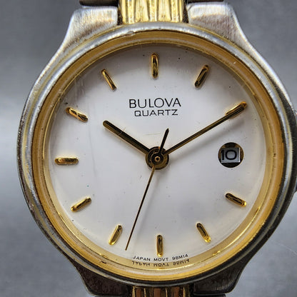 Bulova Watch Women 27mm White Dial Two Tone Date Round 98M14 New Battery1